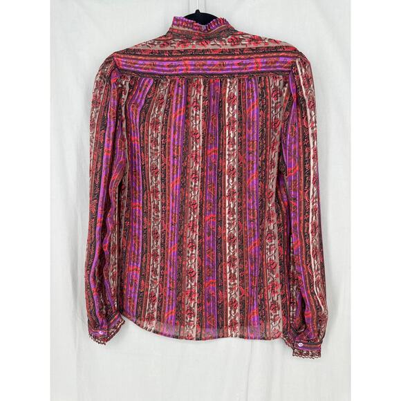 70s Vintage Top Womens Small Pink Paisley Striped Floral Button Chiffon Ruffle - Picture 3 of 6
